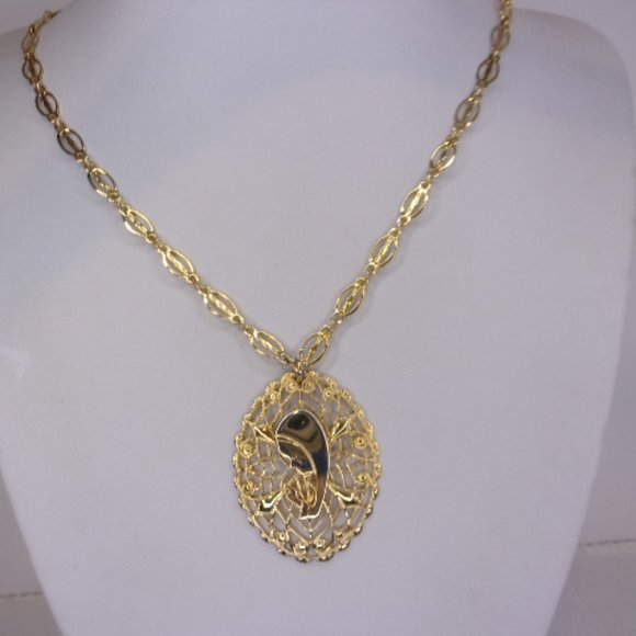 Holy Mary Filigree Gold Tone Pendant Necklace 24" L - Picture 2 of 10